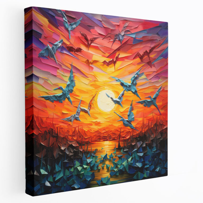 Asian Crane Canvas Print - Asian, Colorful Origami Art, Vibrant Sunset Sky, Wall Art