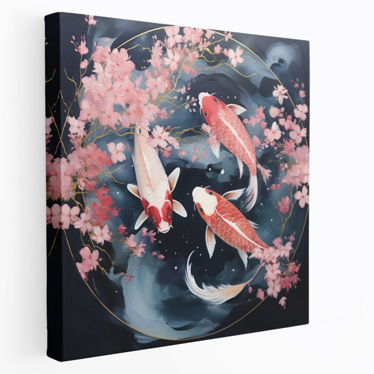 Asian Wall Art: Serene Cherry Blossoms And Koi - Asian, Koi Fish, Canvas Print, Asian
