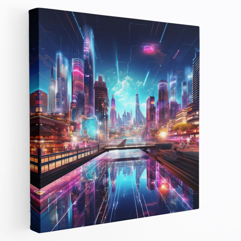 Asian Wall Art: Futuristic Neon Cityscape - Asian, Modern Architecture, Contemporary Digital Art, Neon Lights