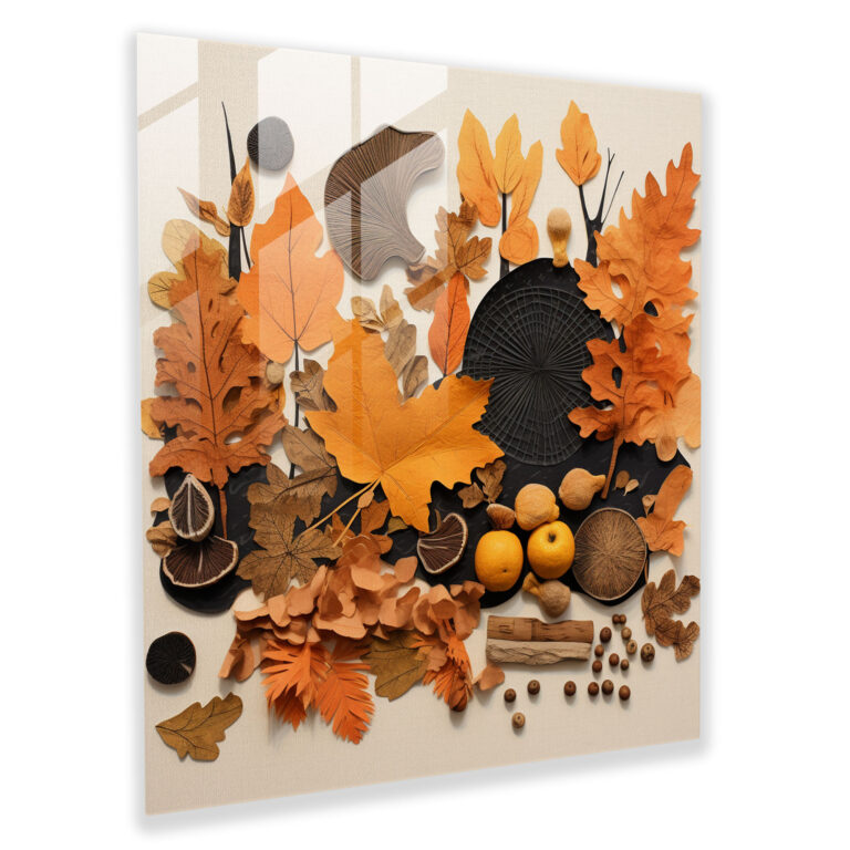 Autumn Collage Glass Print - Autumn, Fallen Leaves, Wall Decoration, Acorns