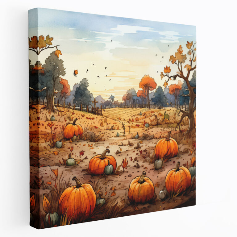 Autumn Pumpkin Patch Watercolor Canvas Print - Autumn, Wall Decoration, Watercolor And Ink Illustration, Canvas