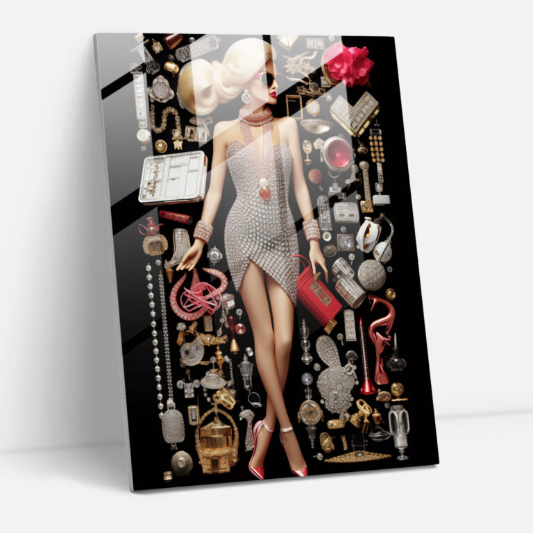 Barbie Glass Print - Glamorous Mosaic - Barbie, Mosaic Collage, Fashion, Glass Print