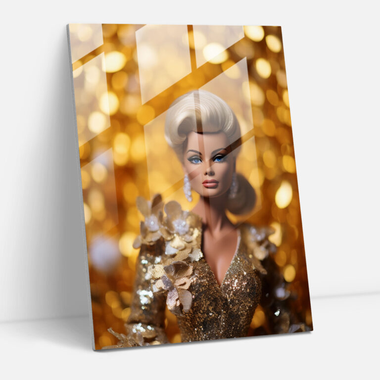 Glam Barbie Glass Wall Art - Barbie, Gold Backdrop, Portrait, Glass Art