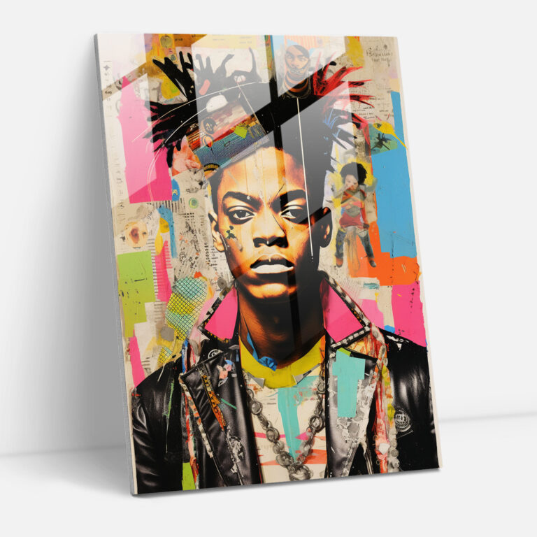 Basquiat Glass Print - Bold Collage Portrait - Basquiat, Glass Print, Glass Wall Art, Modern Art