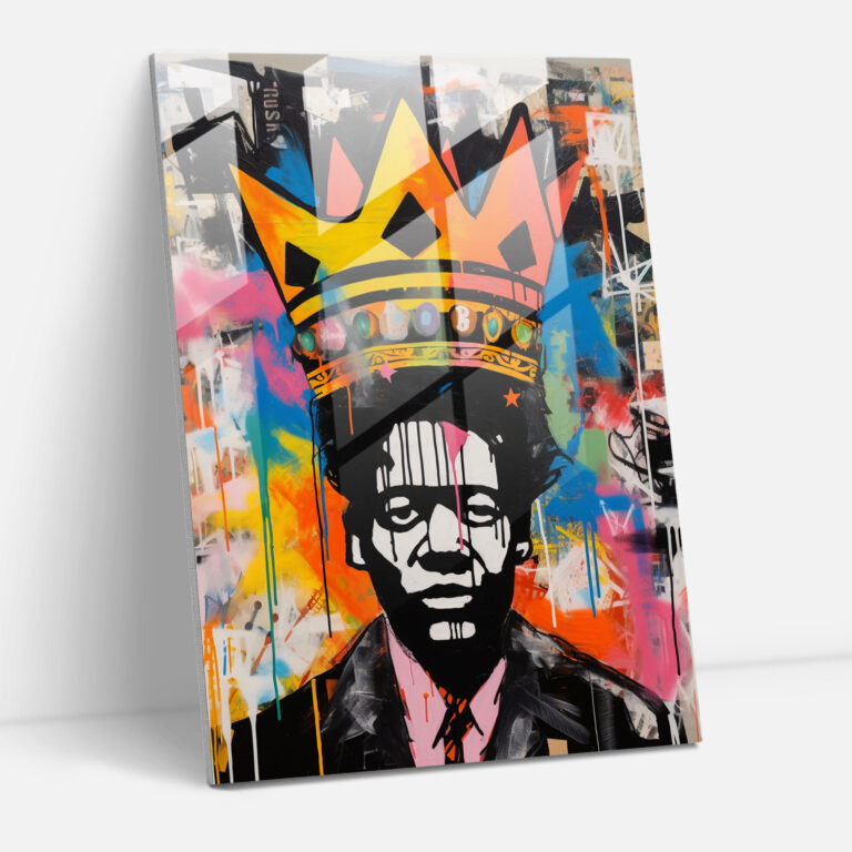 Basquiat Glass Print - Colorful Crown Motif - Basquiat, Colorful Depiction, Glass Art, Modern Art