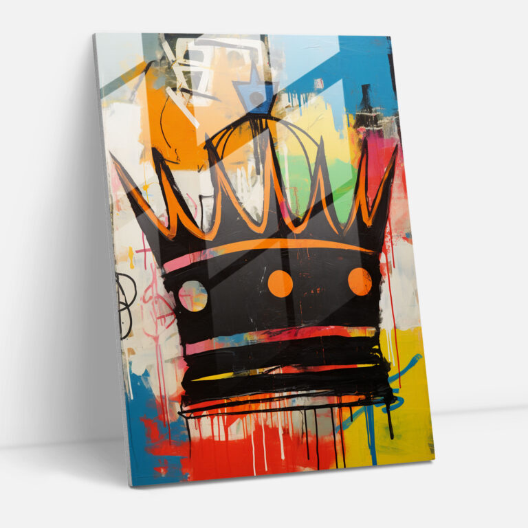 Basquiat Glass Wall Art - Vibrant Graffiti-Inspired Crown - Basquiat, Glass Print, Glass Art, Graffiti-Inspired Artwork