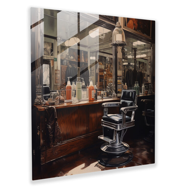 Barber's Reflection - Glass Print - Barber, Glass Wall Art, Realistic Oil Painting, Vintage Barber's Mirror