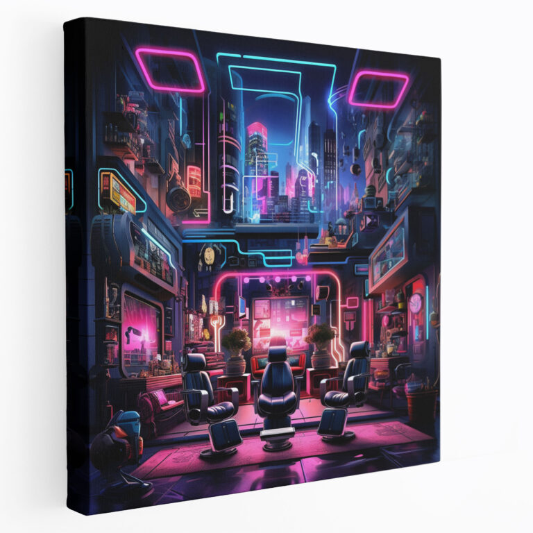 Futuristic Barber Cityscape Canvas Print - Barber, Canvas Wall Art, Neon-Lit Cityscape, Canvas Print