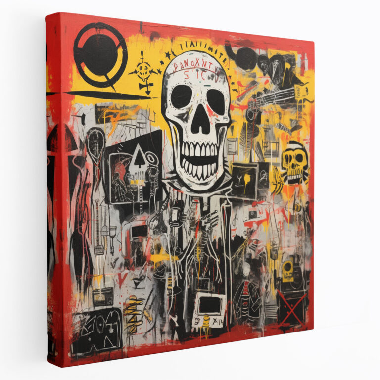 Basquiat Canvas Print - Collage Of Signature Motifs: Skulls And Jazz Musicians - Basquiat, Wall Art, Skulls, Bold Statement