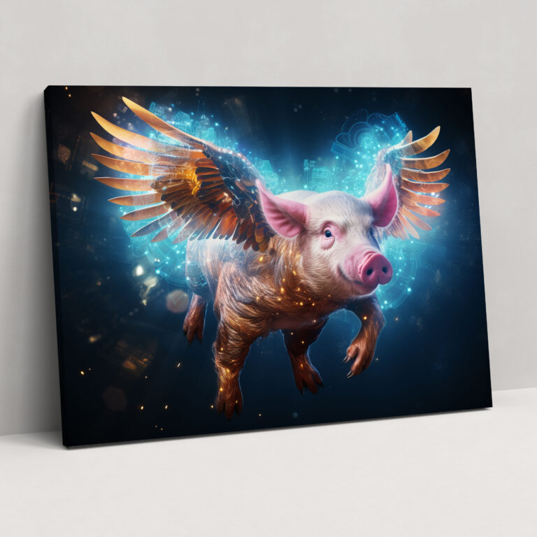 Blockchain Flying Pig Canvas Print - Blockchain, Whimsical Digital Artwork, Canvas Print, Possibilities