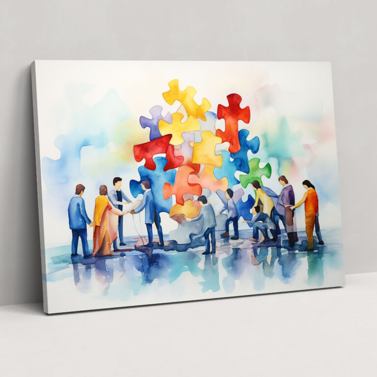 Blockchain Puzzle Canvas Print - Blockchain, Puzzle Pieces, Watercolor Painting, Collaboration