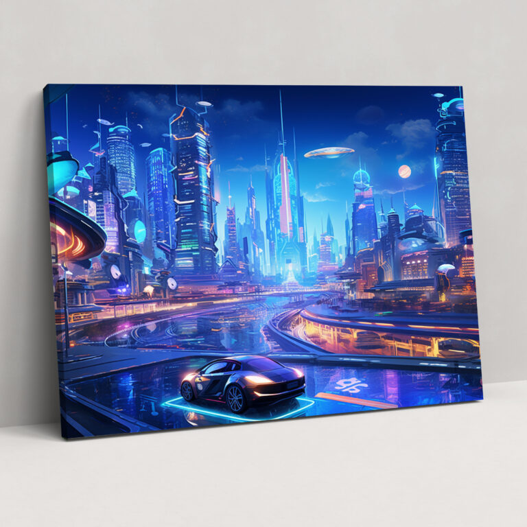 Blockchain Cityscape Wall Art - Blockchain, Neon Lights, Home Decoration, Skyscrapers