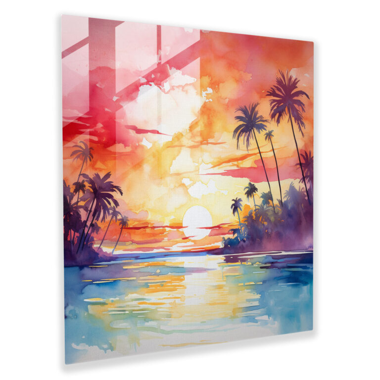 Abstract Watercolor Beach Sunset Glass Print - Beach, Sunset, Tropical, Beach