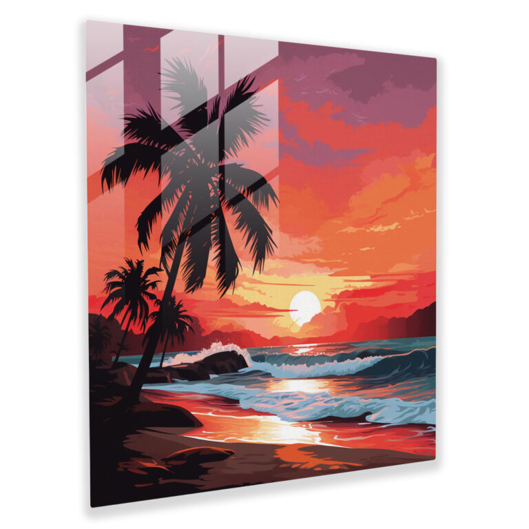 Palm Tree Silhouette Beach Glass Print - Beach, Glass Art, Digital Illustration, Sandy Beach