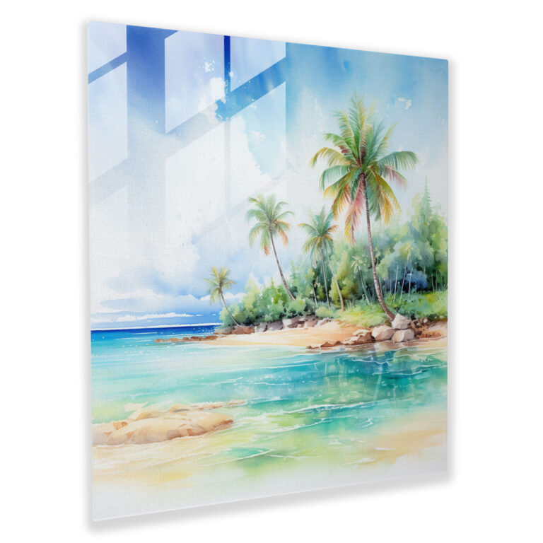 Tropical Paradise Beach Glass Print - Beach, Watercolor Painting, Wall Decoration, Tropical Paradise