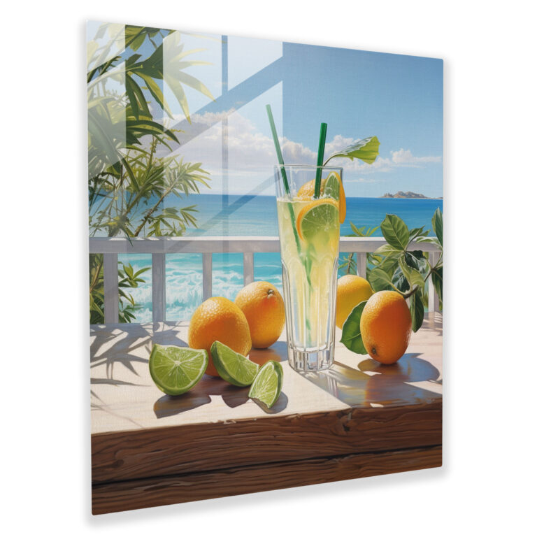 Tropical Delight Glass Print - Beach, Still Life Painting, Modern Art, Wall Decoration