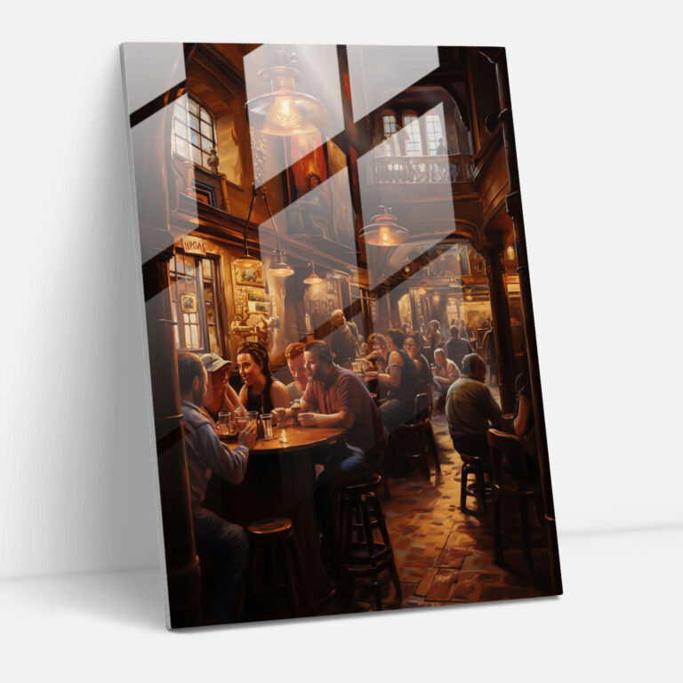 Beer Inspired Glass Print - Beer, Cozy Atmosphere, People Enjoying Beer, Pub Scene
