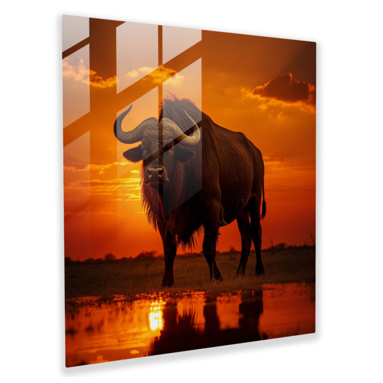 Sunset Silhouette Buffalo Glass Print - Buffalo, Breathtaking Views, Contrast, Wall Decoration