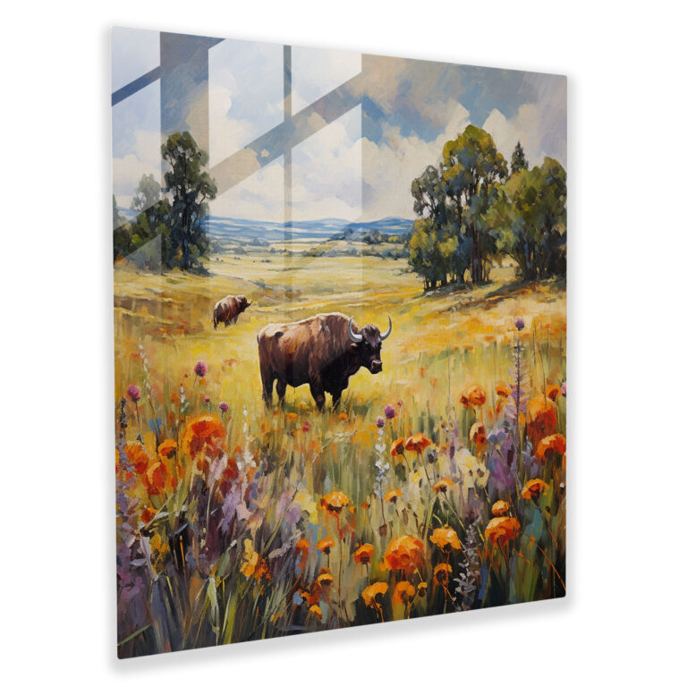 Wildflower Serenity Buffalo Glass Print - Buffalo, Glass Art, Wildflower Serenity Buffalo Glass Print, Soft Brushstrokes