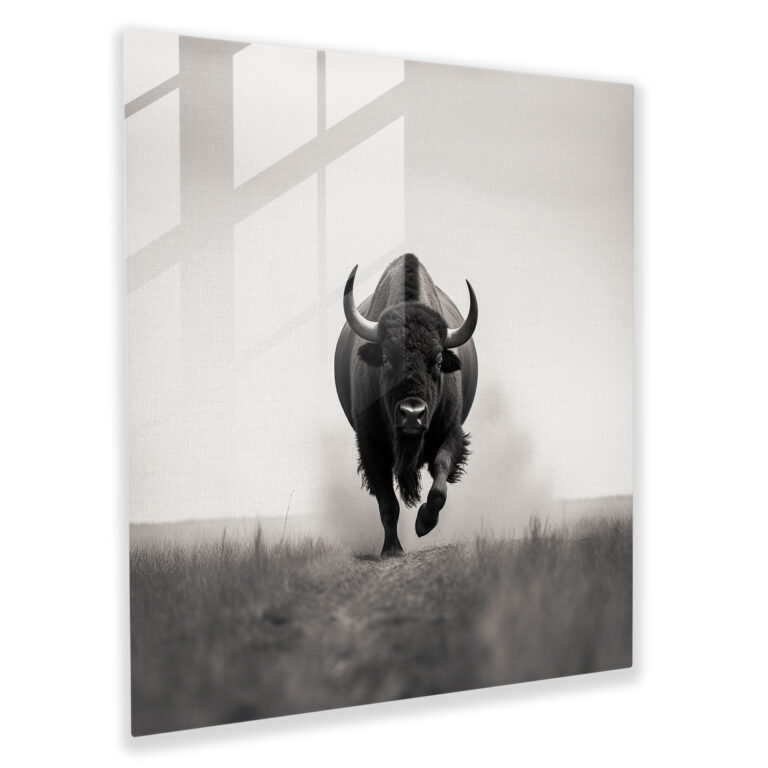 Buffalo Glass Print - Minimalist Black And White Photograph Of Galloping Buffalo - Buffalo, Wall Decoration, Strength, Minimalist Black And White Photograph