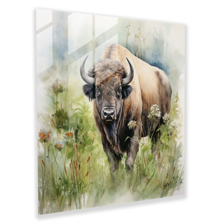Buffalo Glass Print - Peaceful Watercolor Painting Of Serene Buffalo - Buffalo, Glass Wall Art, Modern Art, Harmony