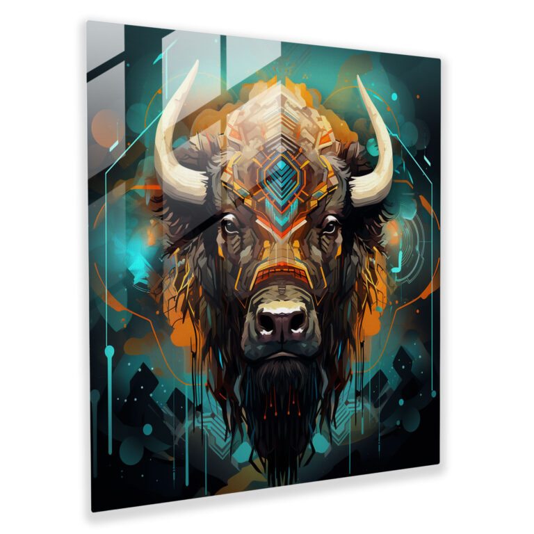 Buffalo Glass Print - Futuristic Digital Artwork Of Buffalo And Abstract Shapes - Buffalo, Home Decoration, Harmony, Wall Decoration