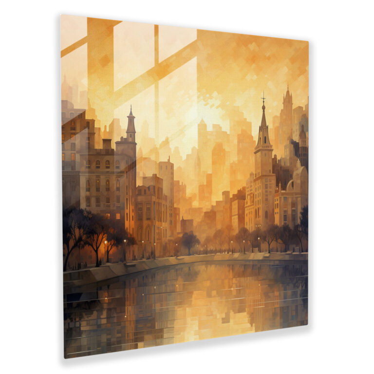 Beige Glass Print - Cityscape At Dusk - Beige, Wall Decoration, Tranquil Atmosphere, Urban Charm