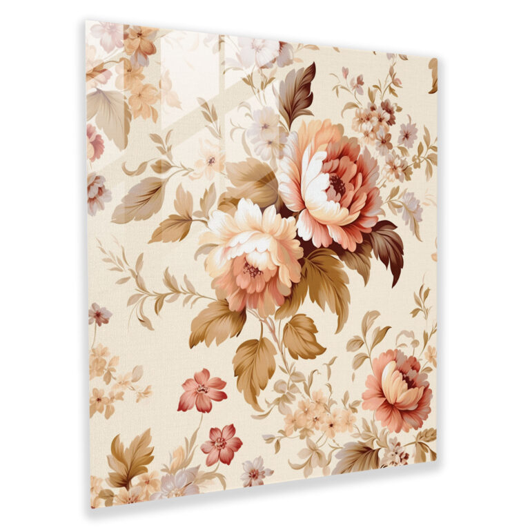 Beige Glass Print - Vintage Floral Pattern - Beige, Vintage, Modern Art, Wall Decoration
