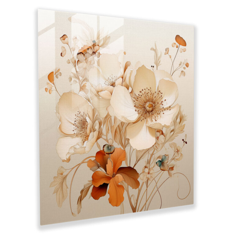 Beige Floral Glass Print - Beige, Glass Print, Modern Art, Glass Art