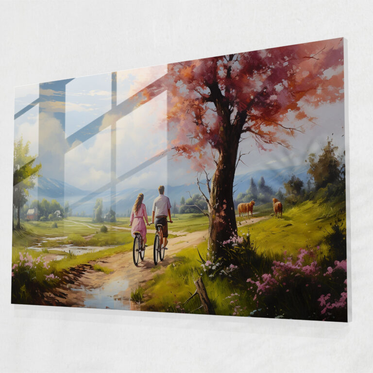 Romantic Bicycle Glass Wall Art - Bicycle, Scenic Countryside, Oil Painting, Home Decoration