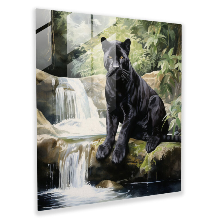 Tranquil Black Panther Glass Print - Black Panther, Watercolor Painting, Beauty, Wall Decoration