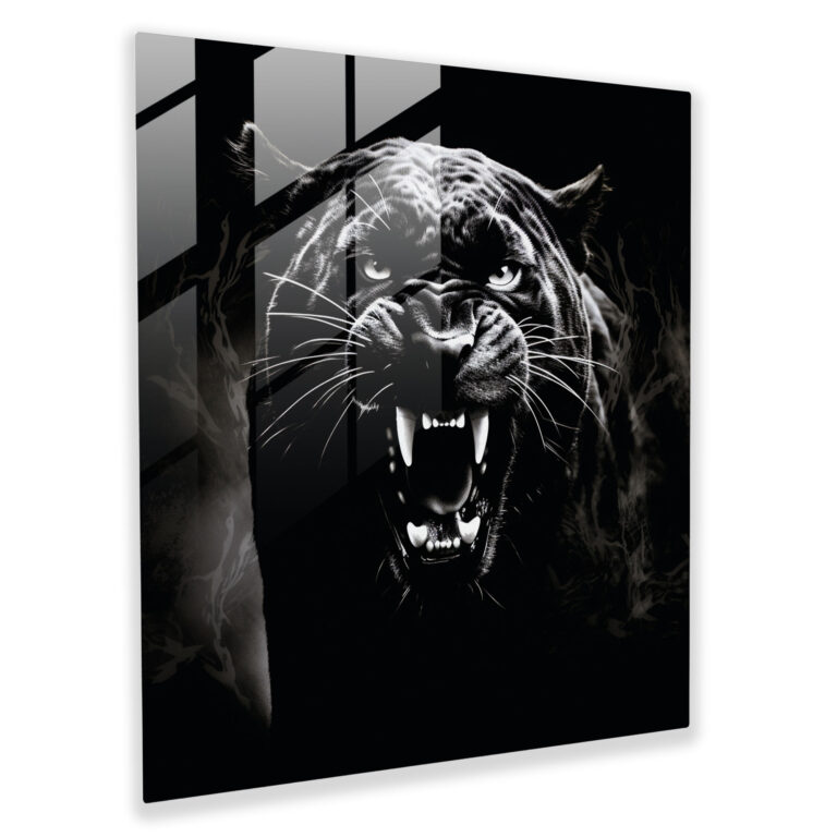 Mysterious Roaring Black Panther Glass Print - Black Panther, Glass Wall Art, Glass Print, Moonlight