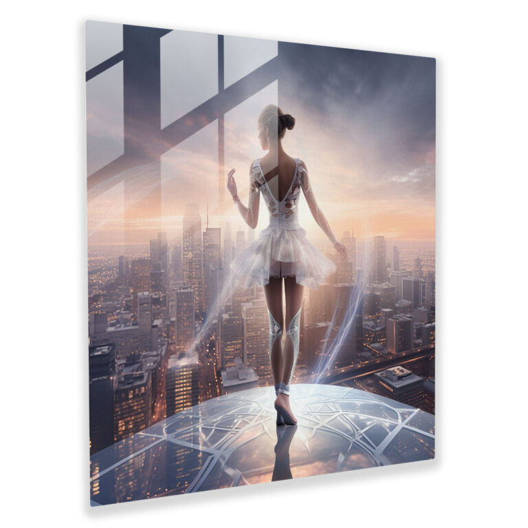 Futuristic Ballerina Glass Print - Ballerina, Futuristic Cityscape, Ballerina, Visually Stunning