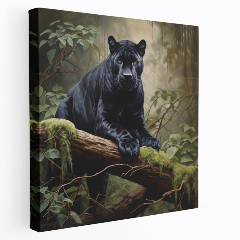 Black Panther Wall Art - Regal Panther On Moss-Covered Tree Branch - Black Panther, Canvas Print, Wall Art, Realistic Oil Painting