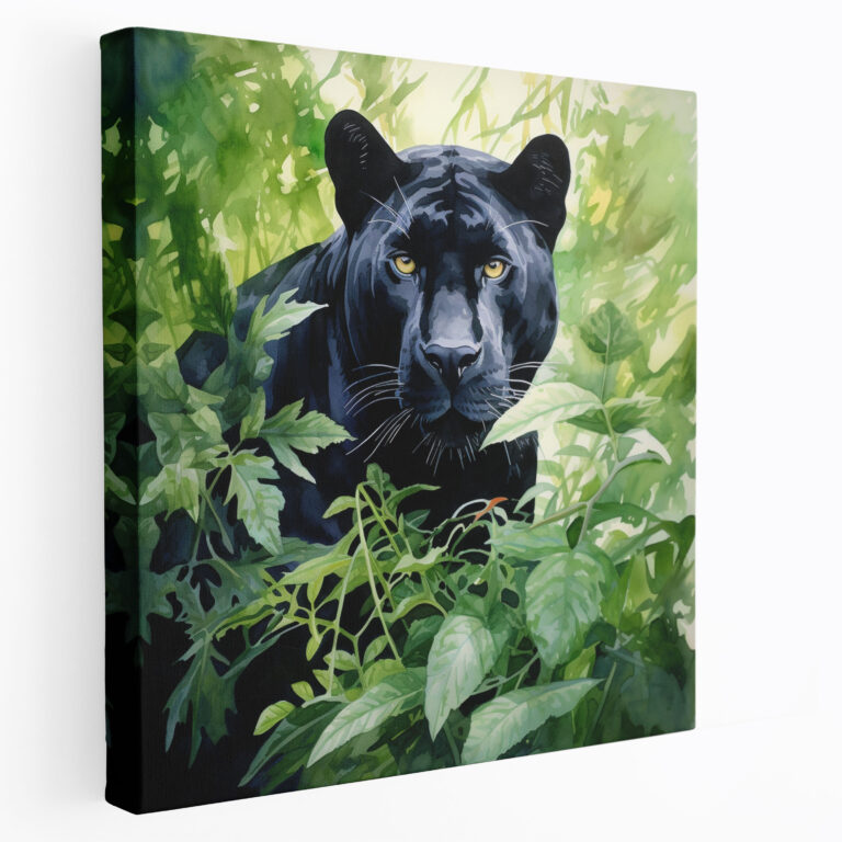 Black Panther Canvas Print - Serene Panther In Lush Green Foliage - Black Panther, Black Panther, Serene Panther, Watercolor Painting