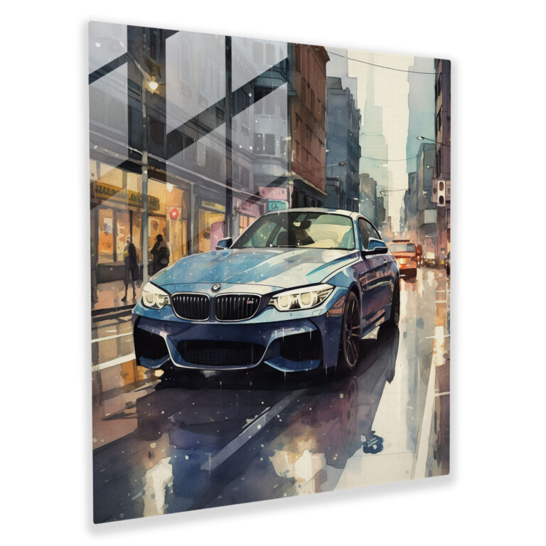 Bmw Glass Print - Rainy Drift - Bmw, Drifting, Watercolor Illustration, Home Decoration