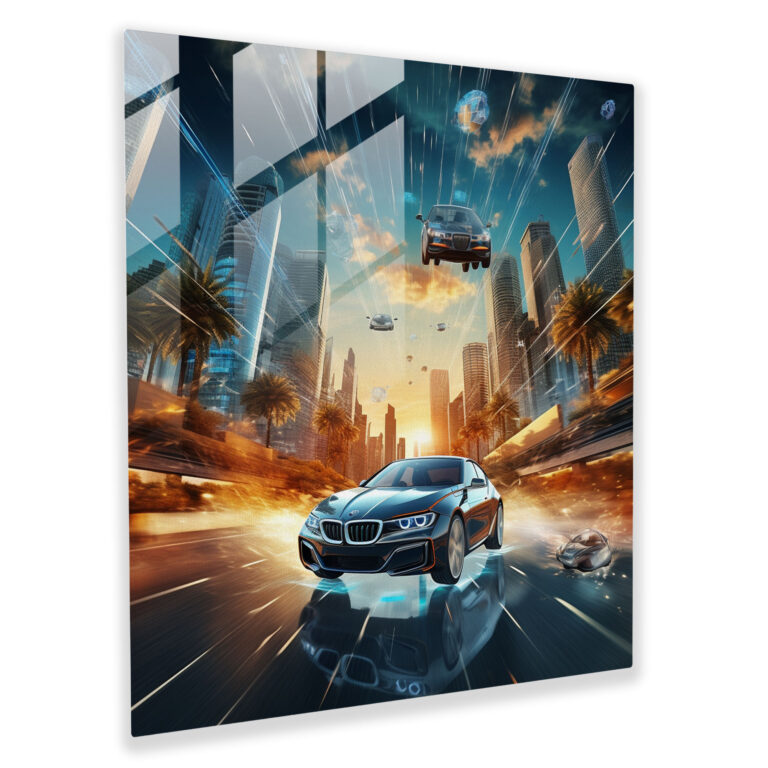 Bmw Glass Print - Futuristic City - Bmw, Modern Art, Flying Above, Digital Art Creation