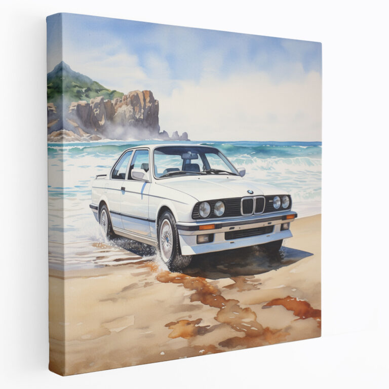 Beach Bmw Canvas Print - Bmw, Serene Beauty, Wall Art, Watercolor Painting