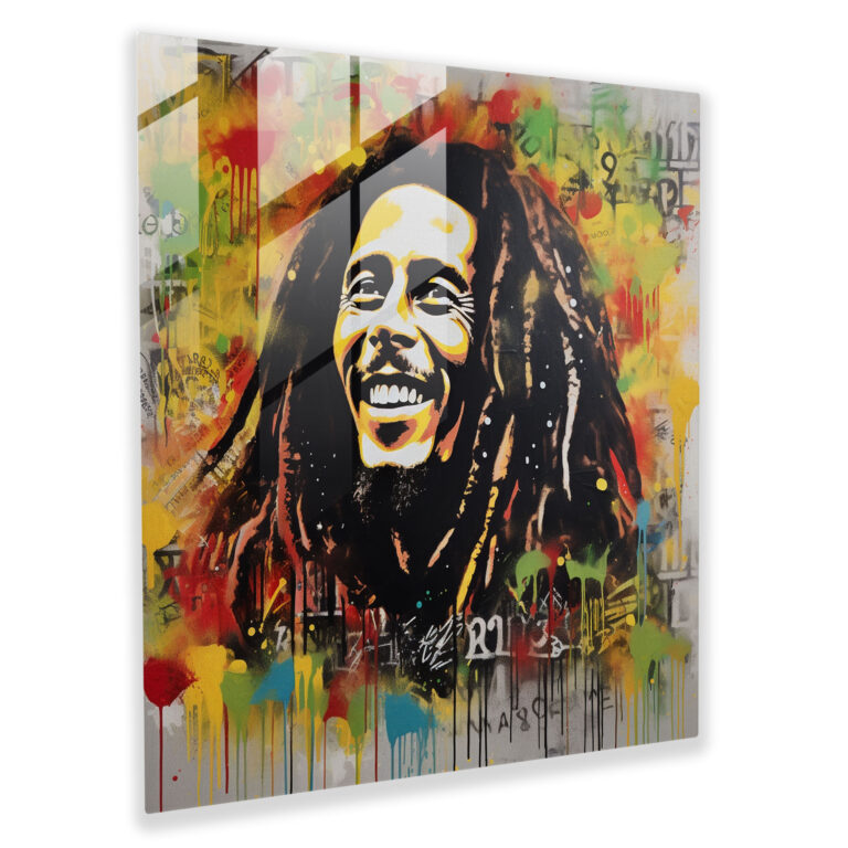 Bob Marley Glass Print - Graffiti Art With Song Lyrics - Bob Marley, Famous Songs, Home Decoration, Glass Wall Art