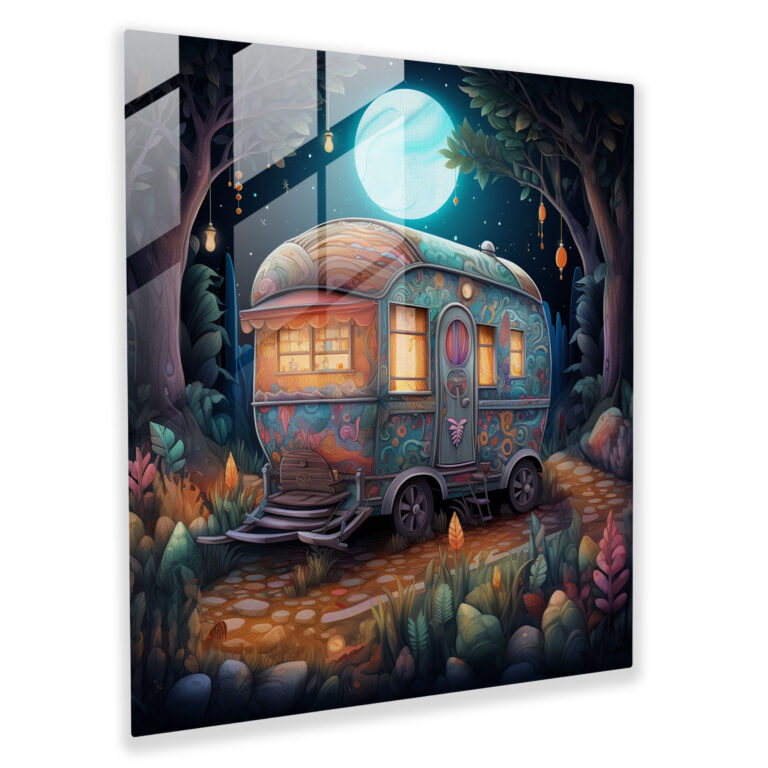 Bohemian Caravan Glass Print - Bohemian, Mystical Forest, Modern Art, Whimsical Illustration
