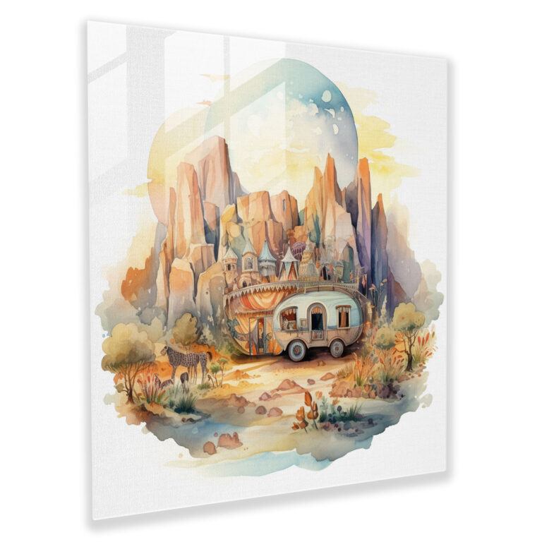 Nomadic Caravan Glass Print - Bohemian, Dreamy Illustration, Wall Decoration, Picturesque Landscape