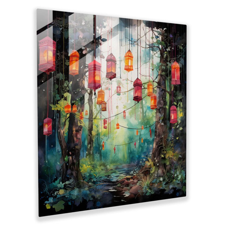Bohemian Forest With Ribbons And Lanterns Glass Print - Bohemian, Bohemian, Glass Print, Bohemian Forest