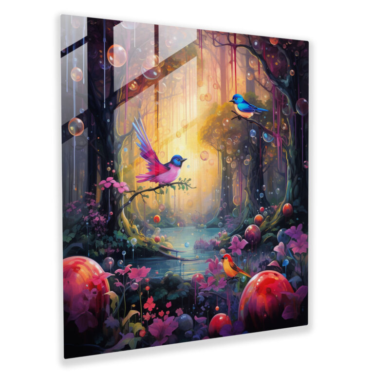 Enchanted Dreamscape Glass Print - Whimsical Avian Wonderland - Modern Artwork for Wall Decor
