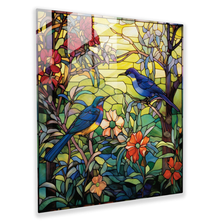 Elegant Stained Glass Print: Avian Sanctuary of Colorful Birds in Lush Garden - Glass Wall Art, Home Decoration, Wall Decor, Glass Prints, Modern Artwork