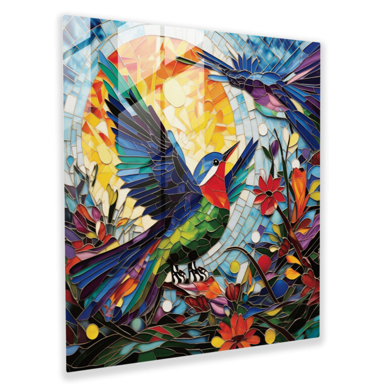Vibrant Glass Print: Birds Taking Flight Amidst Colorful Geometric Shapes - Glass Wall Art, Home Decoration, Wall Decor, Glass Prints, Modern Artwork