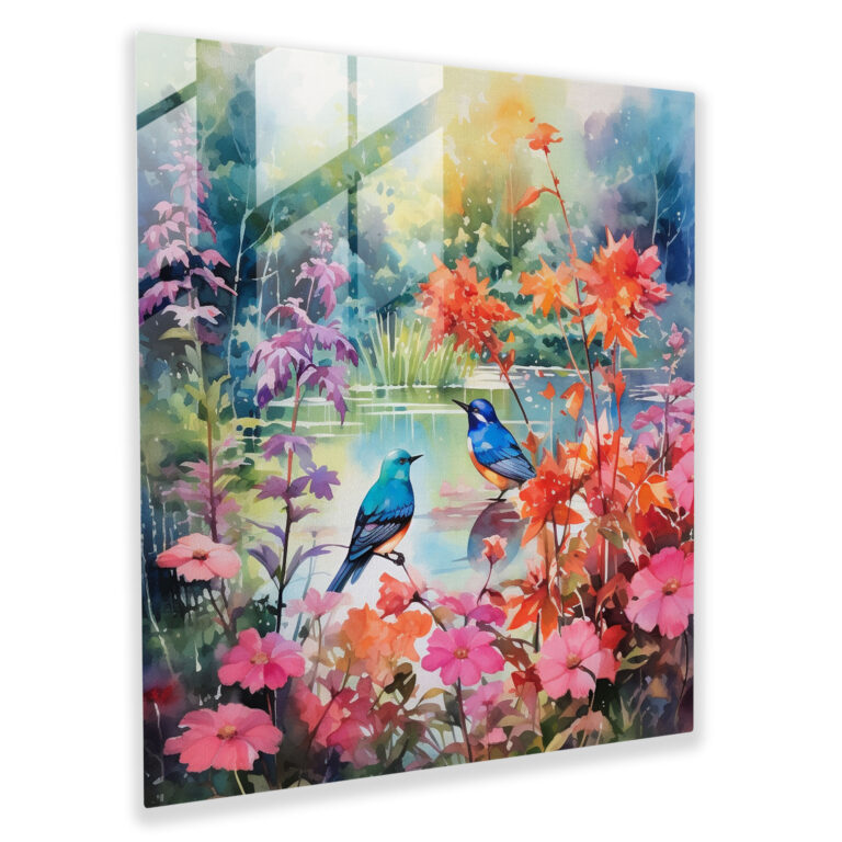 Lively Watercolor Glass Print: Birds Fluttering Among Vibrant Flowers in Garden - Glass Wall Art, Home Decoration, Wall Decoration, Glass Prints, Modern Artwork