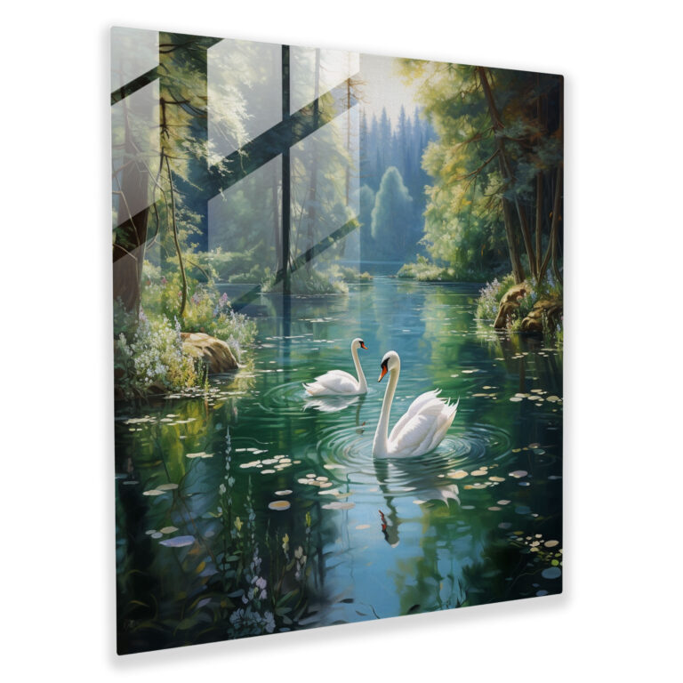 Elegant Glass Print - Swans by the Lake - Realistic Oil Painting Glass Wall Art Home Decoration