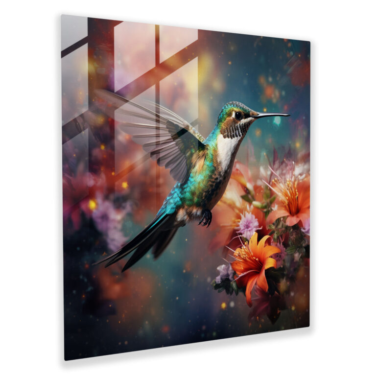 Captivating Glass Print - Graceful Hummingbird and Blossoms - Mixed Media Glass Wall Art Home Decoration