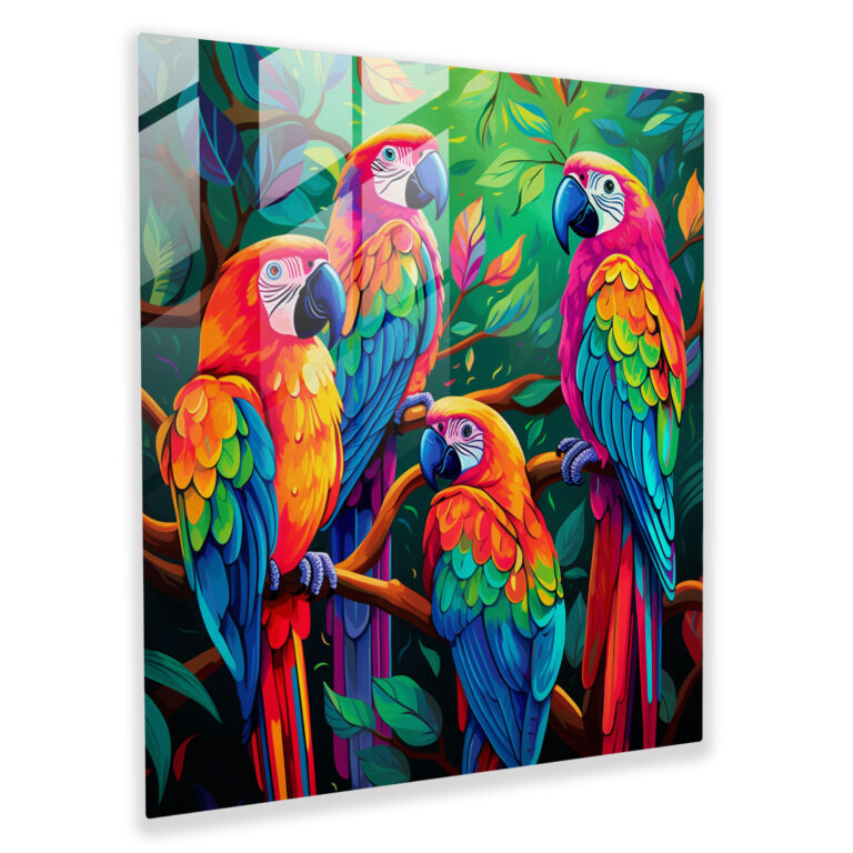 Lively Glass Print - Colorful Parrots on Branches - Pop Art-Inspired Glass Wall Art Home Decoration