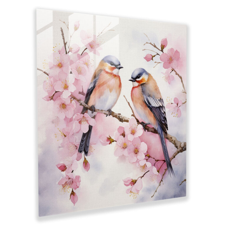 Romantic Glass Print - Lovebirds on Cherry Blossom Branch - Watercolor Glass Wall Art Home Decoration